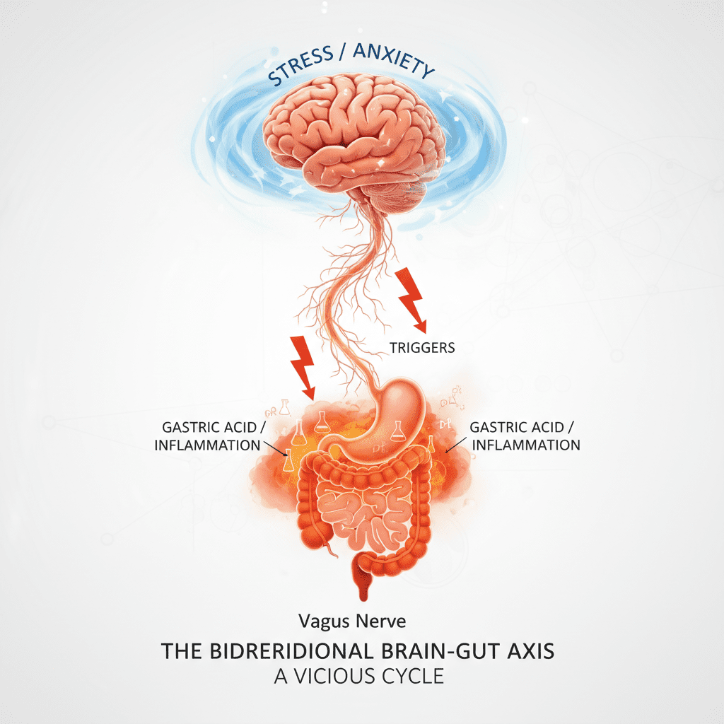 An infographic illustrating the 'Bidirectional Axis' between the Brain and the Gut via the Vagus Nerve, showing how stress triggers acid and acid triggers stress.