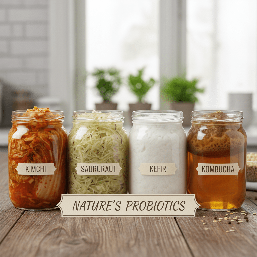 A row of glass jars containing various fermented foods: Kimchi, Sauerkraut, Kefir, and Kombucha, labeled 'Nature's Probiotics'.