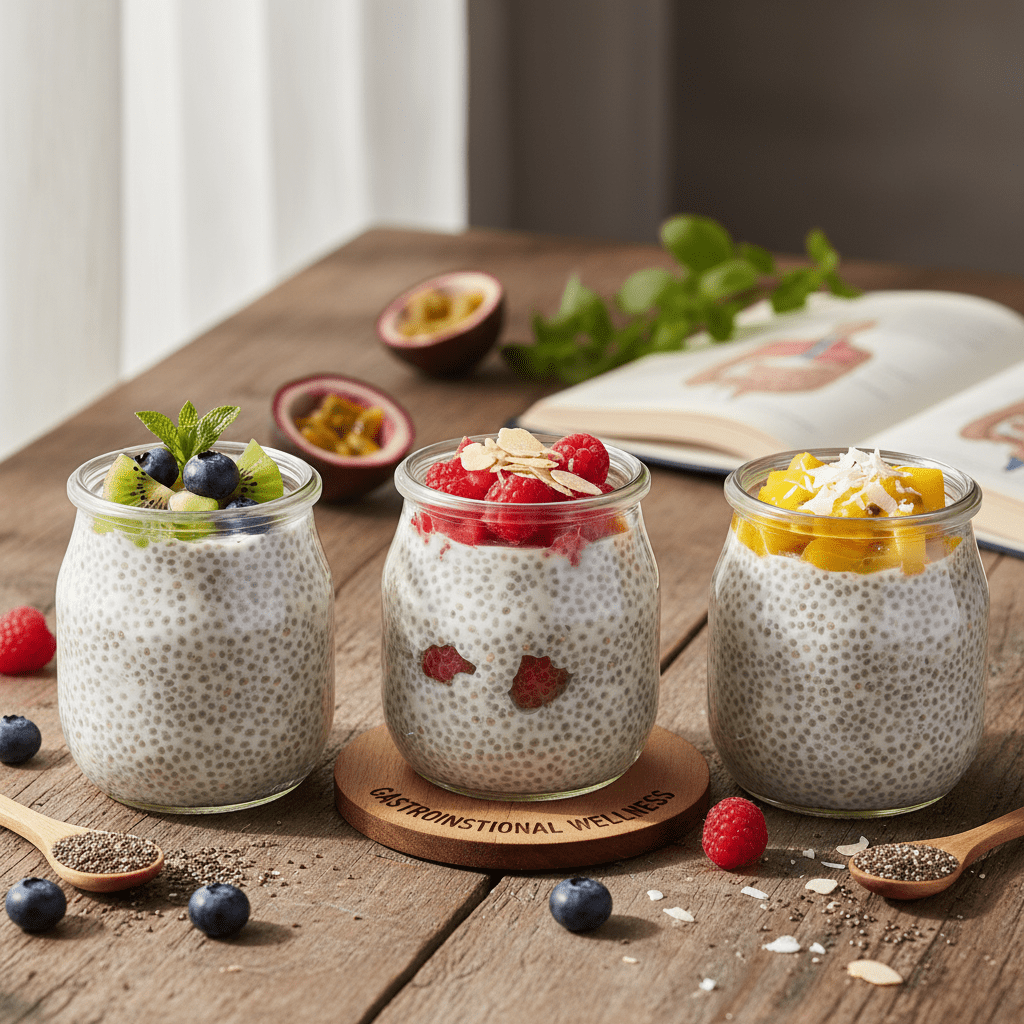 Three small glass jars of chia seed pudding topped with different fruits, showcasing the gel-like texture.