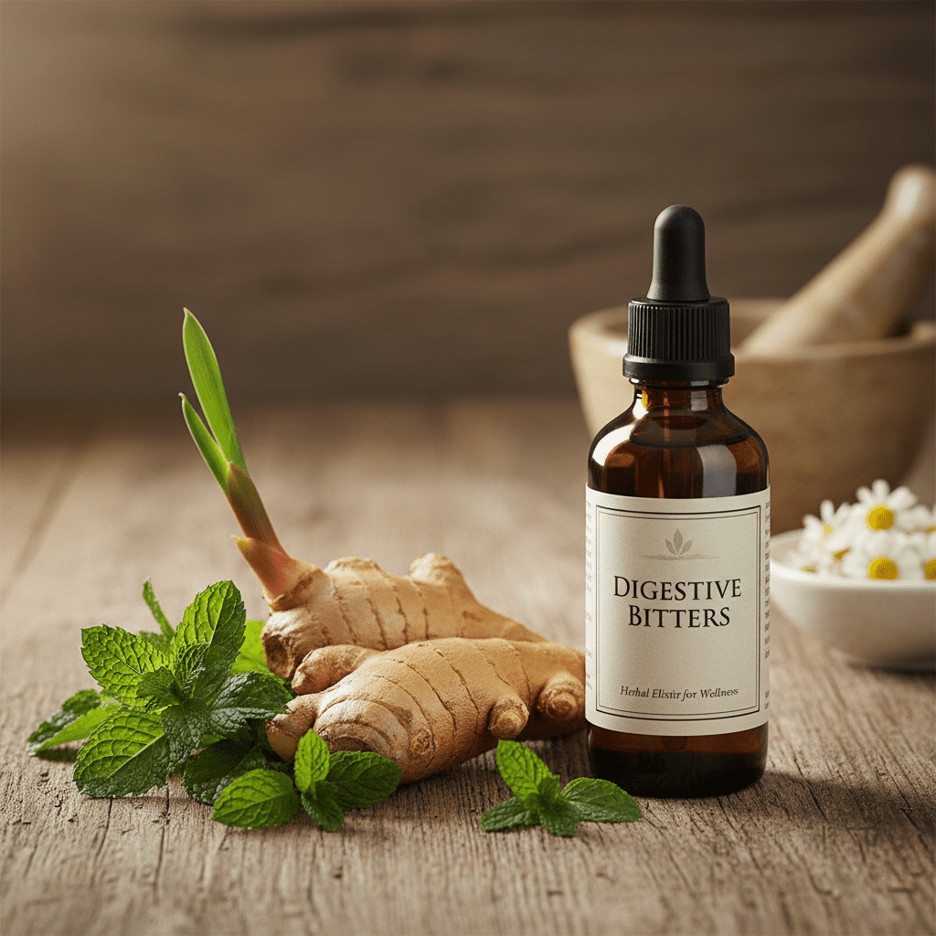 Photo of natural digestive aids: ginger root, peppermint leaves, and a bottle of digestive bitters.