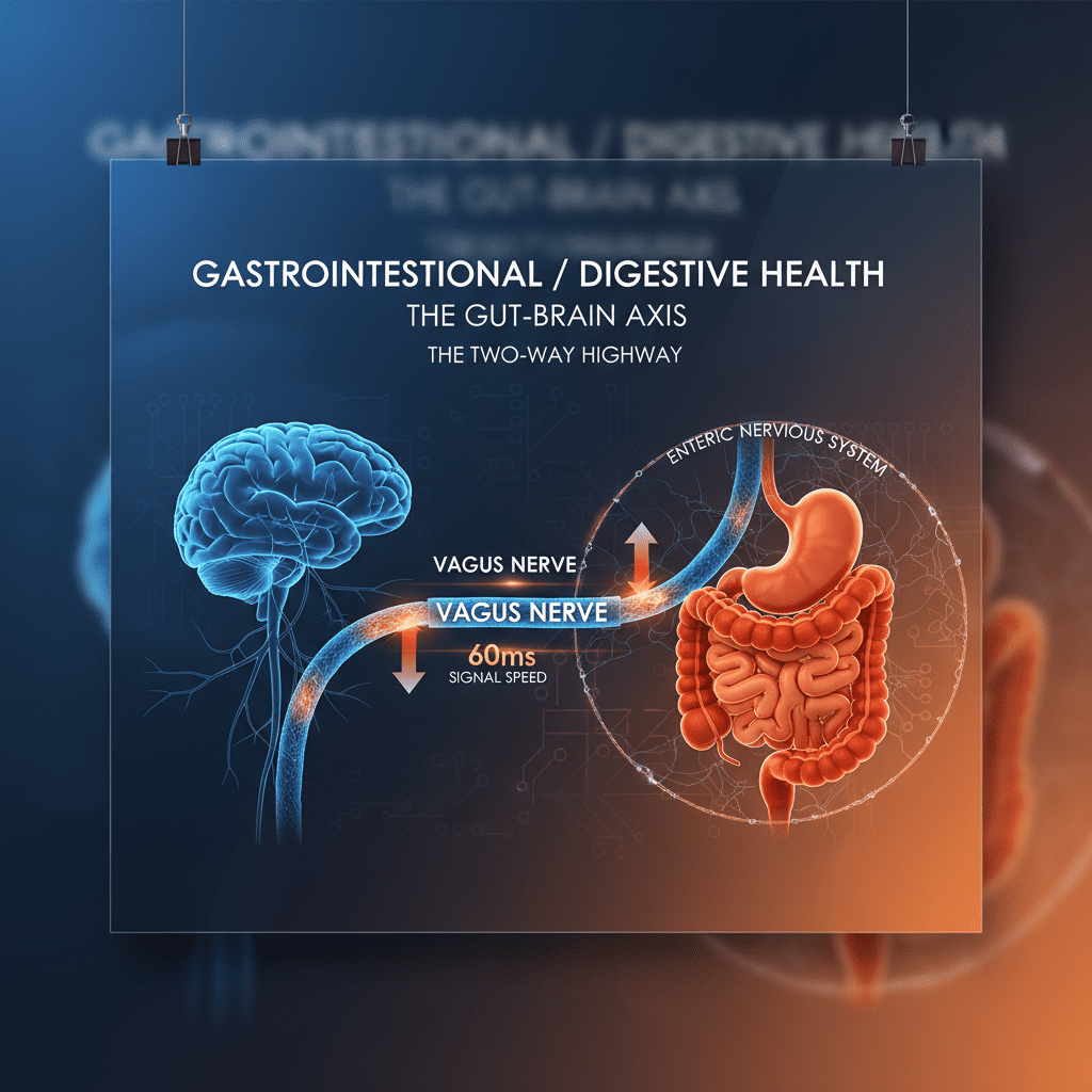 A high-contrast infographic showing the "Two-Way Highway" of the Vagus Nerve connecting the Gut (Enteric Nervous System) to the Brain stem, illustrating the 60ms signal speed.