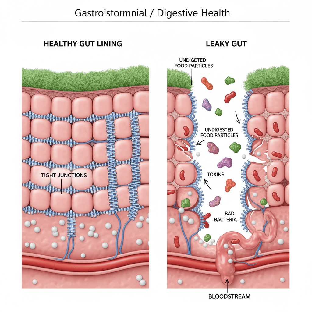 A diagram showing a healthy gut lining versus a 'leaky gut' where tight junctions are broken, allowing particles to enter the bloodstream.