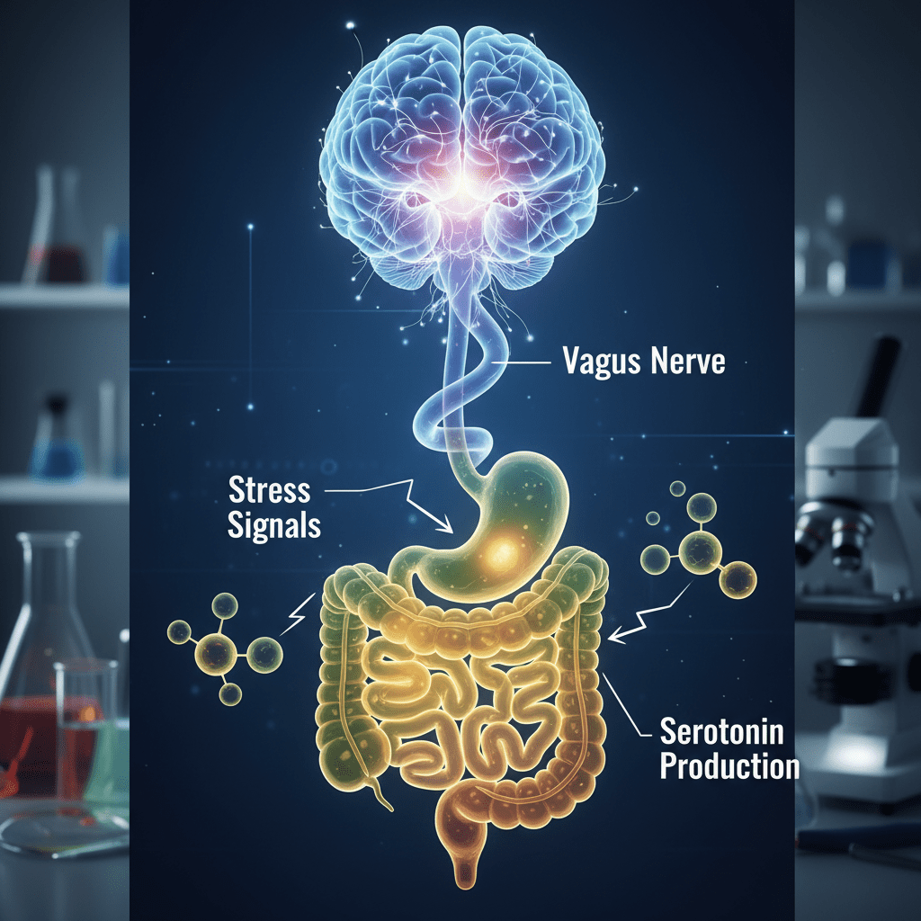 Diagram of the Gut-Brain Axis, showing the Vagus nerve connecting the brain stem to the intestines, labeled with 'Serotonin Production' and 'Stress Signals'.