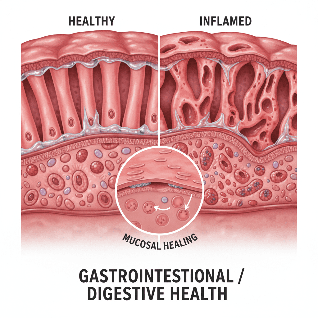 Detailed illustration comparing a healthy intestine wall versus an inflamed one, highlighting the concept of 'Mucosal Healing' with cells repairing themselves