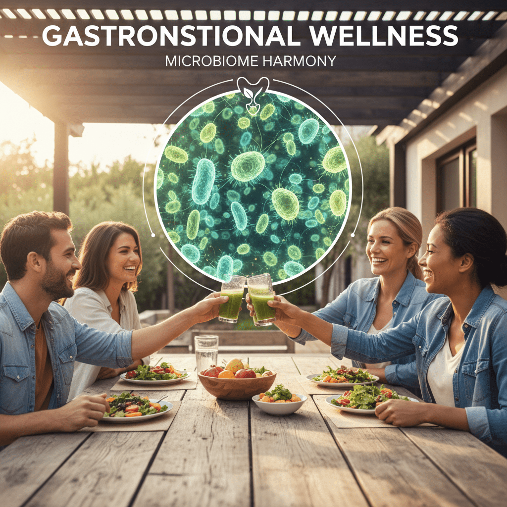 An illustration showing people interacting socially, with a microscopic zoom-in showing their microbiomes exchanging beneficial signals