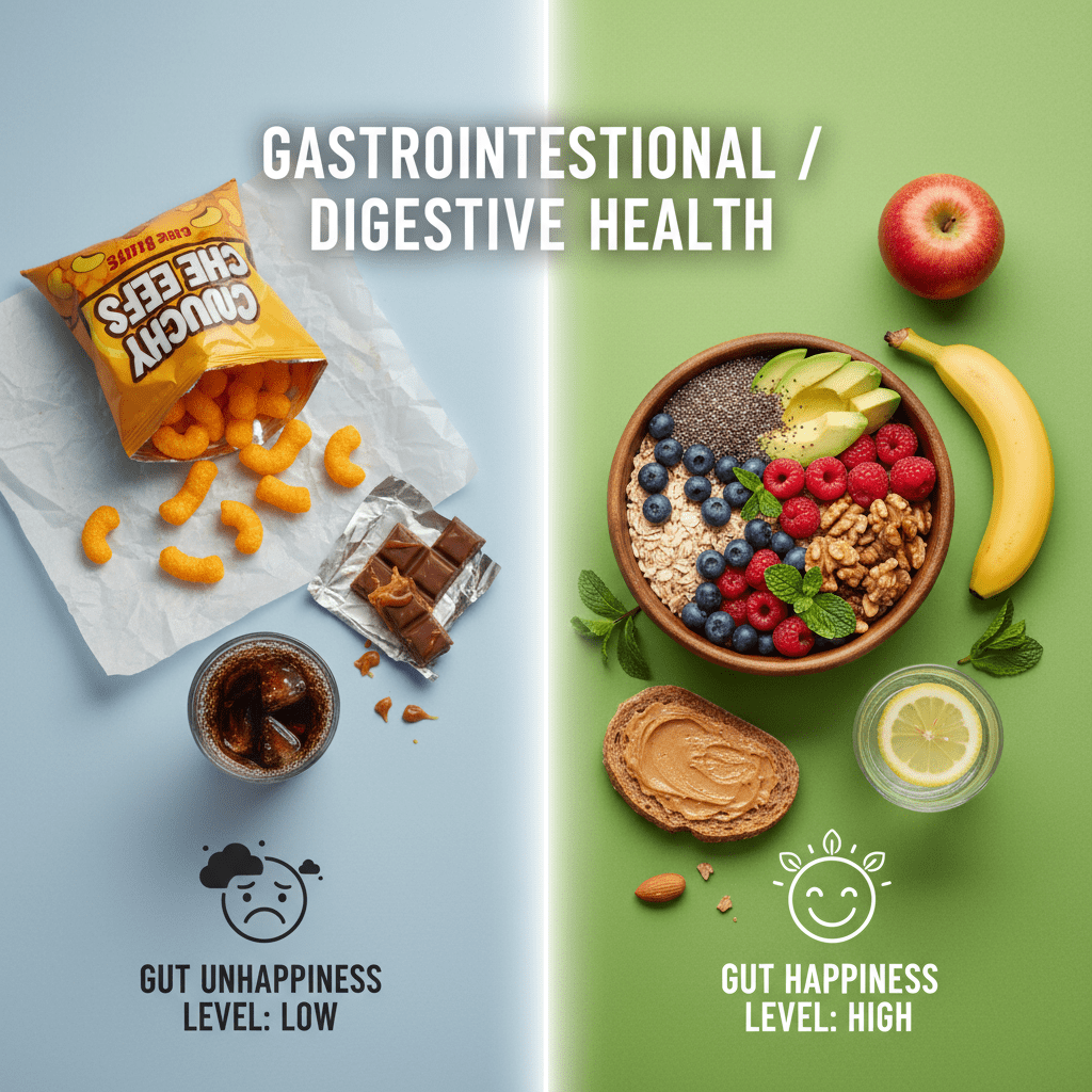 A vibrant, split-screen comparison showing a processed snack vs. a high-fiber gut health snack, with an icon indicating 'Gut Happiness Level'.