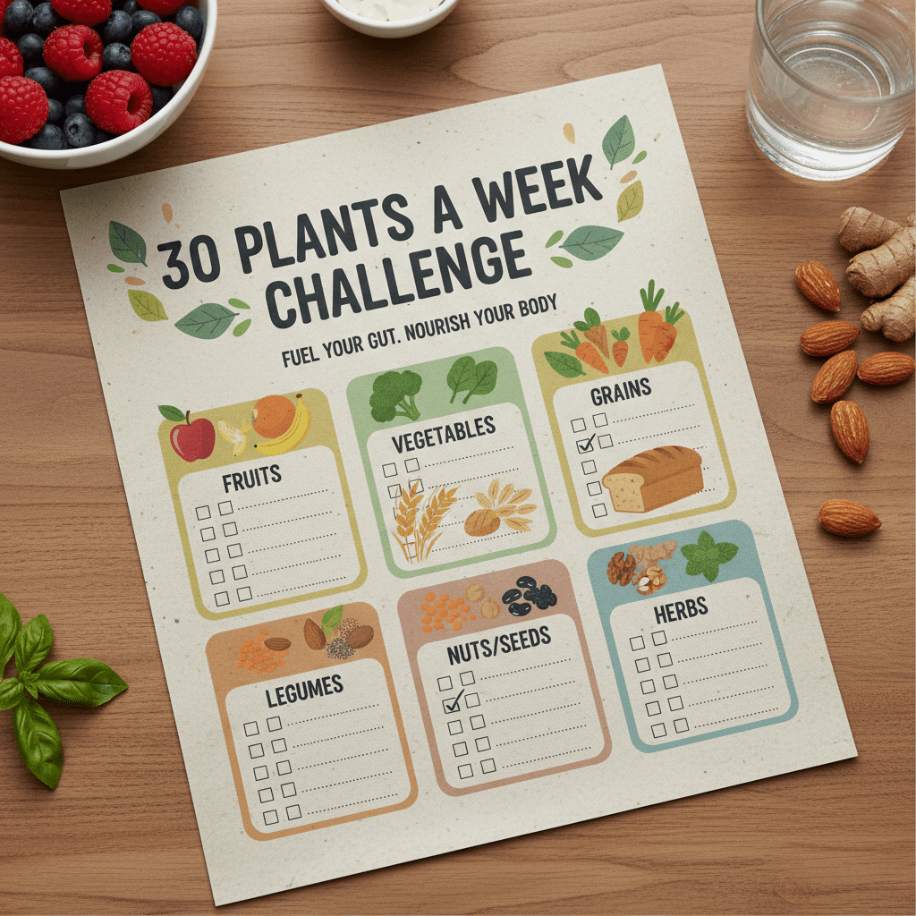 A colorful checklist graphic titled '30 Plants a Week Challenge' with categories for Fruits, Vegetables, Grains, Legumes, Nuts/Seeds, and Herbs.