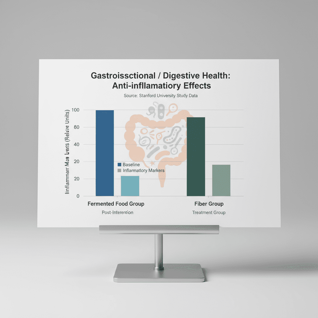 A comparative bar chart illustrating the decrease in inflammatory markers in the fermented food group versus the fiber group based on Stanford data.