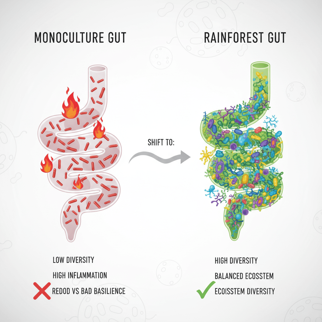 An infographic comparing a "Monoculture Gut" (low diversity, high inflammation) vs. a "Rainforest Gut" (high diversity, resilience), highlighting the shift from 'Good vs Bad' to 'Ecosystem Diversity'.