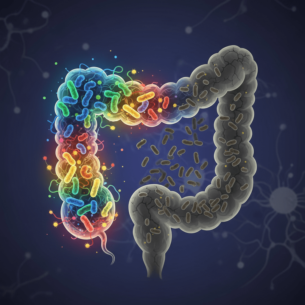 A conceptual illustration showing a glowing, healthy human gut microbiome with diverse colorful bacteria, contrasted against a dull, grey gut outline representing dysbiosis.
