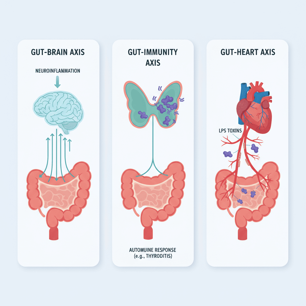 An infographic illustrating the three axes: Gut-Brain (showing arrows to the brain labeled 'Neuroinflammation'), Gut-Immunity (showing antibodies attacking thyroid), and Gut-Heart (showing LPS toxins traveling to arteries).