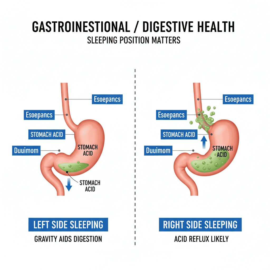 Diagram contrasting Left Side vs. Right Side sleeping. The Left Side image shows stomach acid settling at the bottom of the stomach. The Right Side image shows acid spilling into the esophagus.
