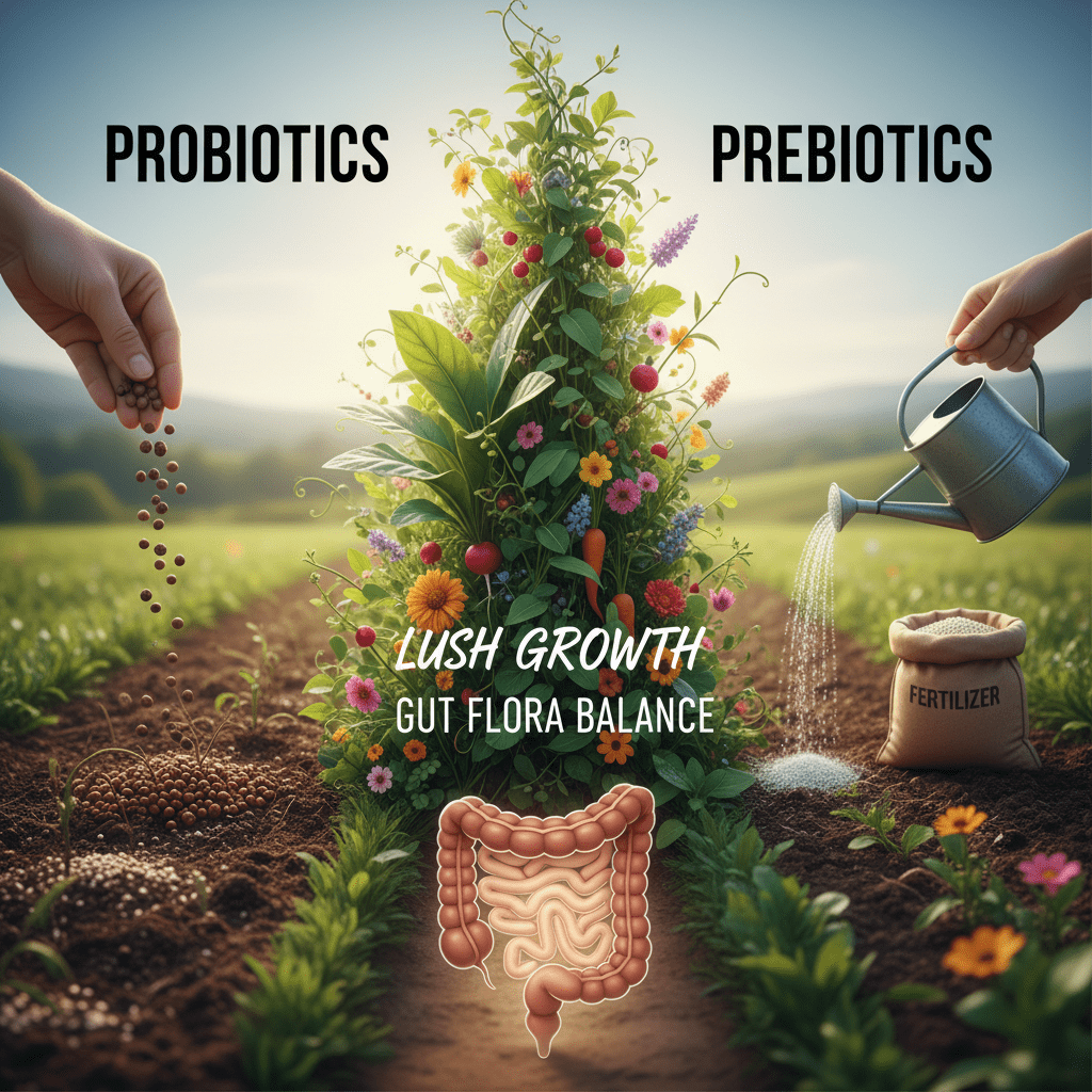 A split infographic showing a garden analogy. Left side: "Probiotics" represented as seeds. Right side: "Prebiotics" represented as water and fertilizer. The garden is lush only where both meet.