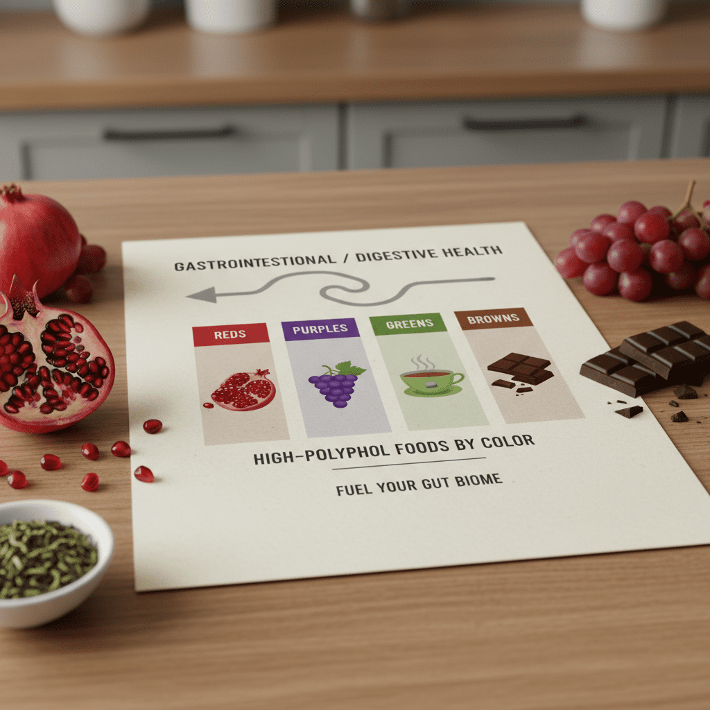 Infographic displaying high-polyphenol foods categorized by color: Reds (pomegranate), Purples (grapes), Greens (tea), and Browns (dark chocolate).