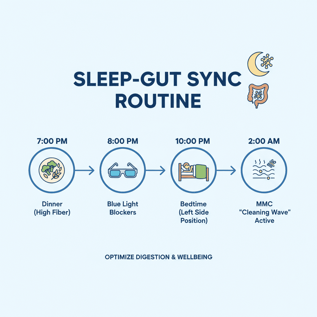 Infographic of the "Sleep-Gut Sync Routine": 7:00 PM Dinner (High Fiber) -> 8:00 PM Blue Light Blockers -> 10:00 PM Bedtime (Left Side Position) -> 2:00 AM MMC "Cleaning Wave" Active.