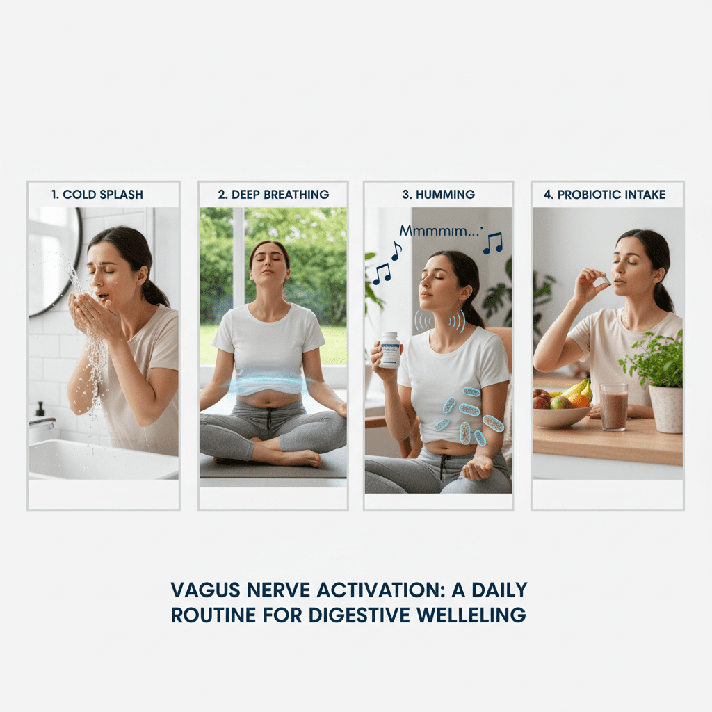 Step-by-step visual guide of a Vagus Nerve stimulation routine: 1. Cold splash, 2. Deep breathing, 3. Humming, 4. Probiotic intake.