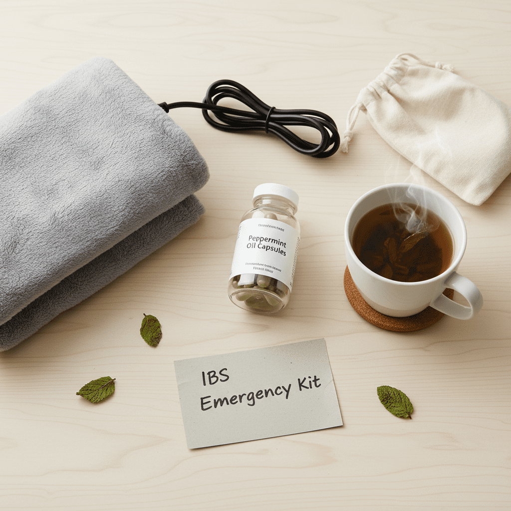 A flat-lay photo of an IBS emergency kit containing a bottle of peppermint oil capsules, a heating pad, and a cup of herbal tea on a clean wooden surface.