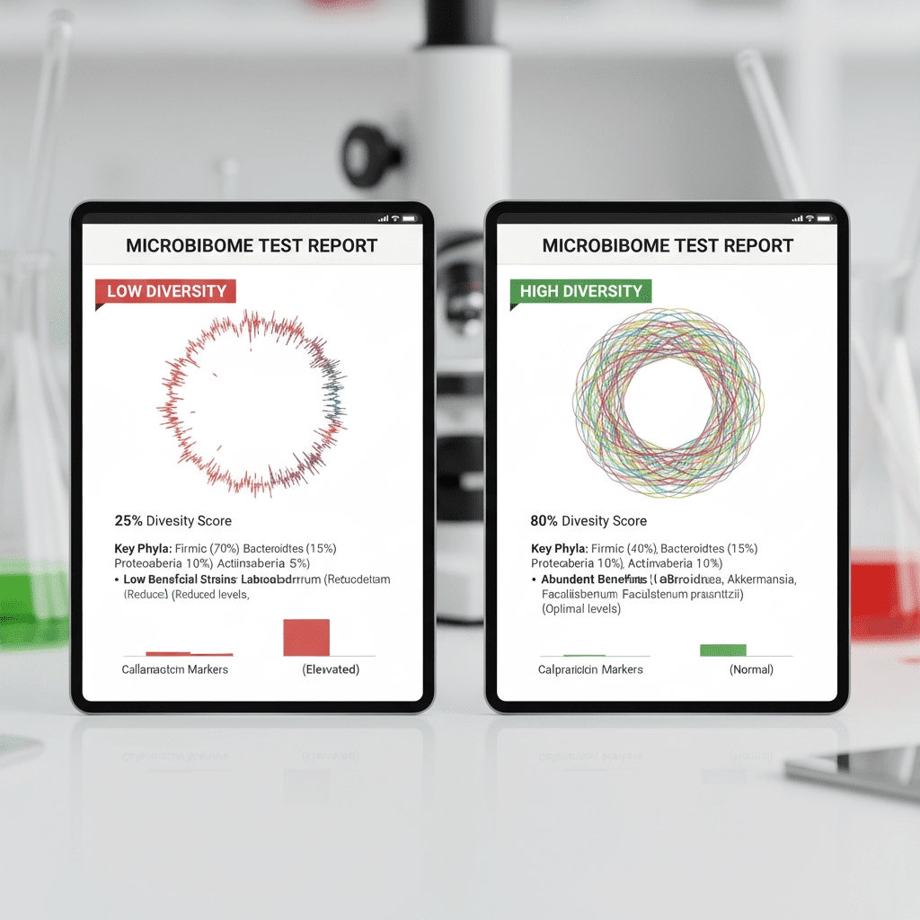 A screenshot comparison of a microbiome test report showing 'Low Diversity' vs 'High Diversity' metrics, with a breakdown of specific bacterial strains.