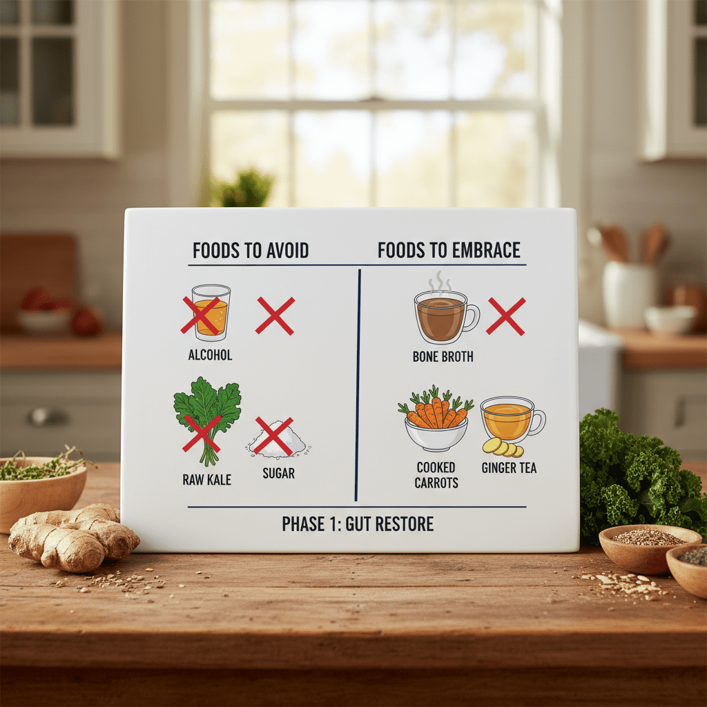 A chart comparing 'Foods to Avoid' vs 'Foods to Embrace' during Phase 1. Avoid: Alcohol, Raw Kale, Sugar. Embrace: Bone Broth, Cooked Carrots, Ginger Tea.
