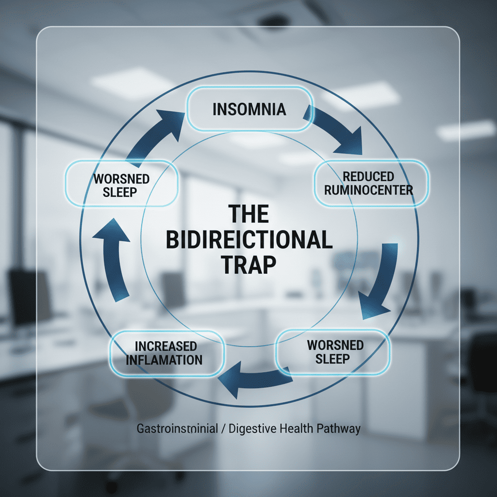 A circular flow chart titled "The Bidirectional Trap" showing Insomnia -> Reduced Ruminococcaceae -> Increased Inflammation -> Worsened Sleep -> Insomnia.