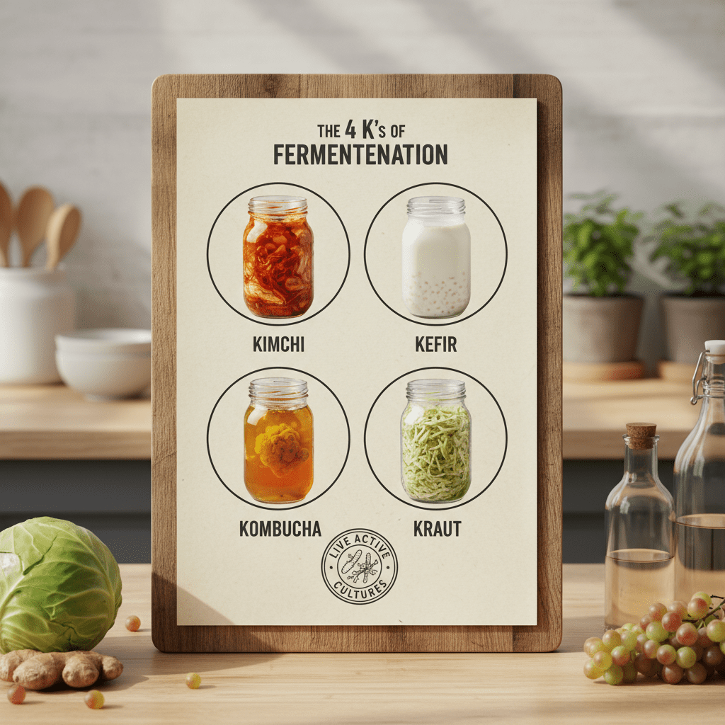A chart titled "The 4 K's of Fermentation" displaying attractive jars of Kimchi, Kefir, Kombucha, and Kraut, with a small badge indicating 'Live Active Cultures'.