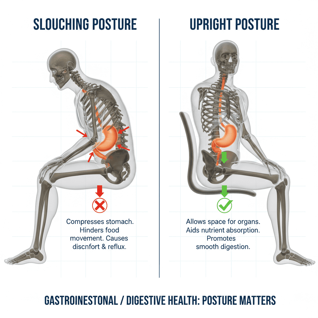Diagram showing how slouching compresses the stomach versus an upright posture that aids digestion.