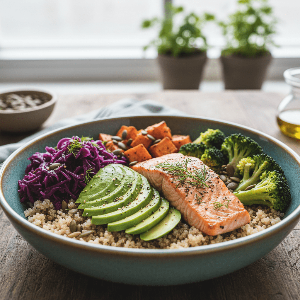 A vibrant lunch bowl featuring quinoa, purple sauerkraut, avocado, and salmon, showcasing variety and color